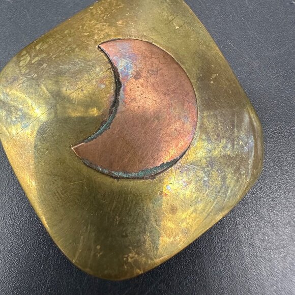 Vintage Earrings Crescent Moon Brass Copper Boho Celestial Modern Mixed Metal - Picture 5 of 8